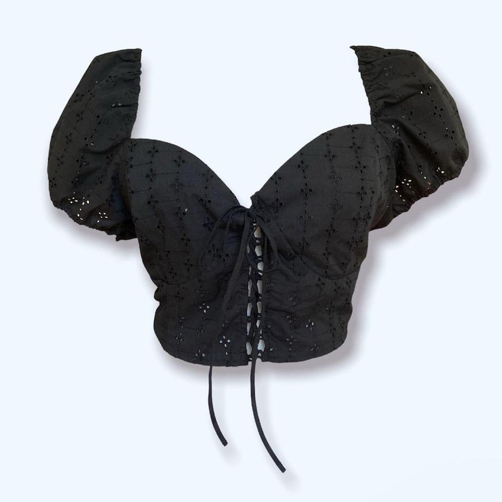 Black Eyelet Puff Sleeve Crop Top With Lace Up Design